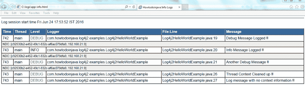 Log4j2 HTMLLayout Output