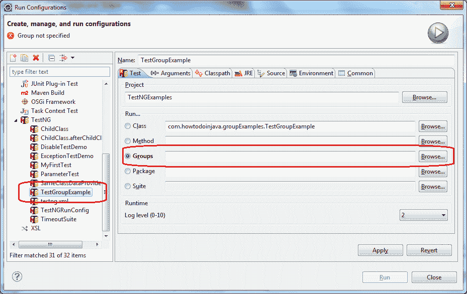 Select group in eclipse