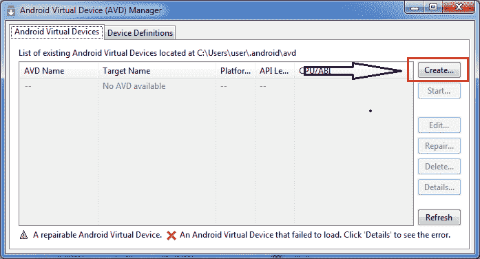 Configure Android Virtual Device Create Button