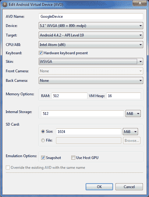 Configure Android Virtual Device - Create Options