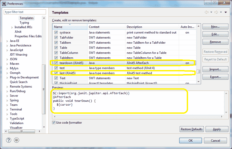 JUnit5 Test Templates for Eclipse