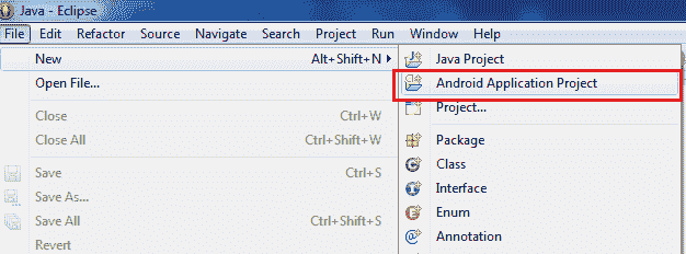 Create Android Project - Android Application Project File Option