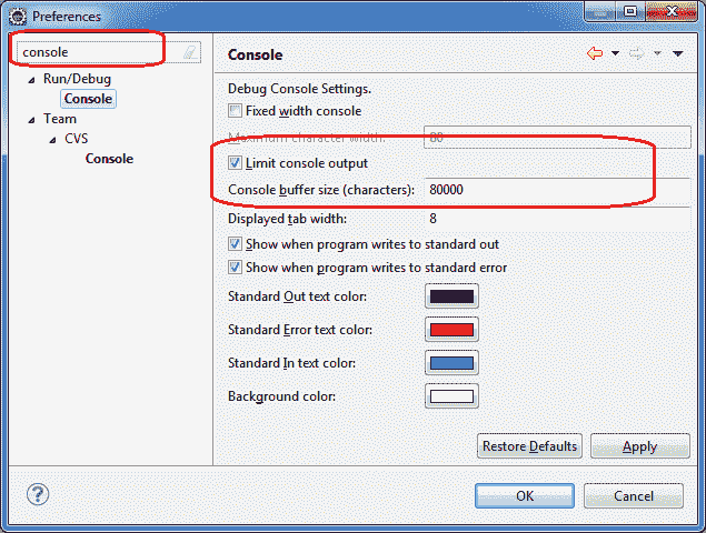 Increase console output limit in eclipse