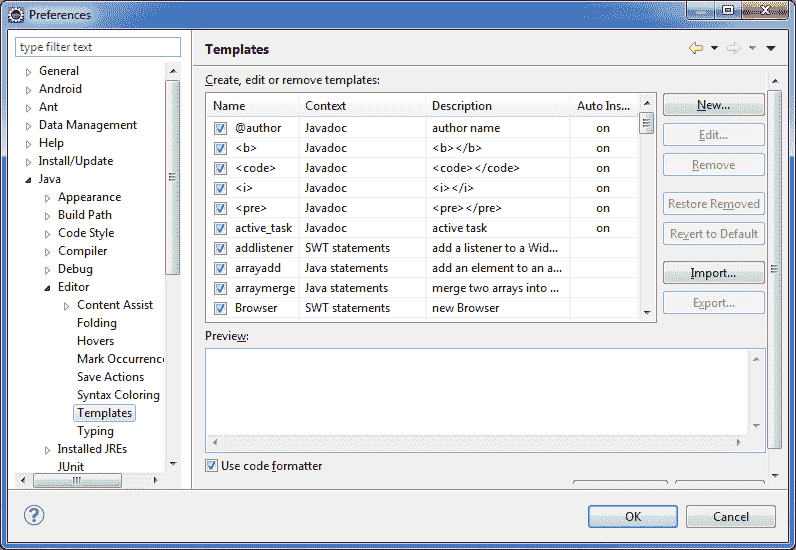 Eclipse Predefined Templates