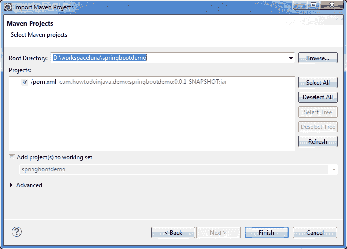 Select pom.xml file to import maven project