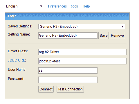 H2 Database Console Login Window