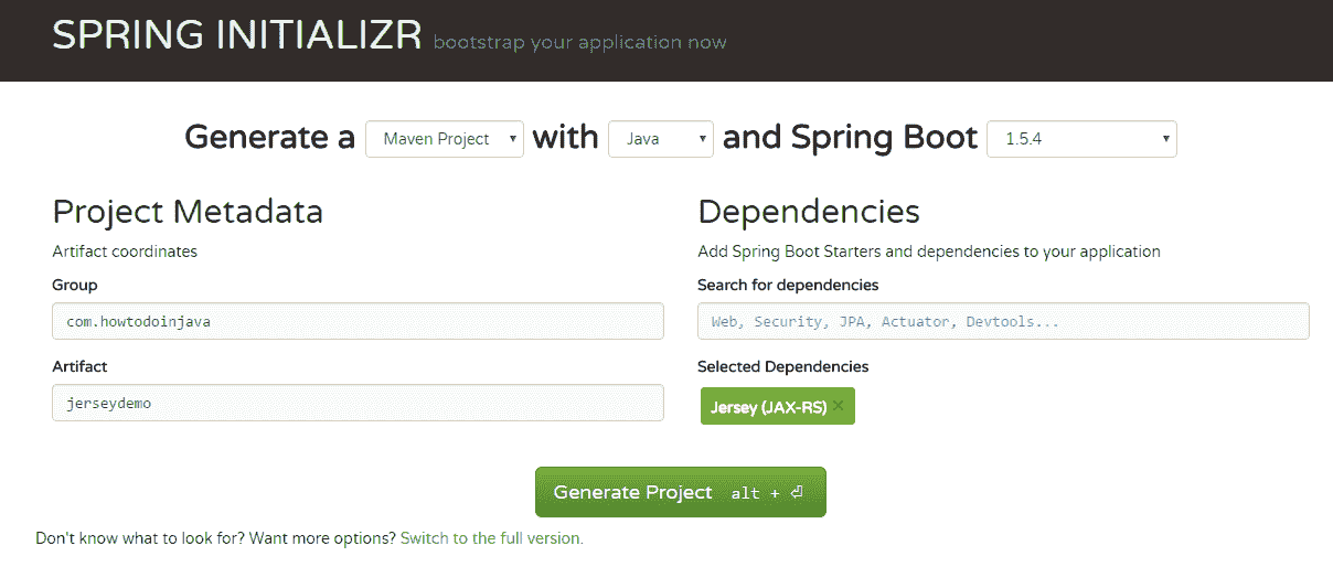 Select Jersey in Spring Boot Initializr